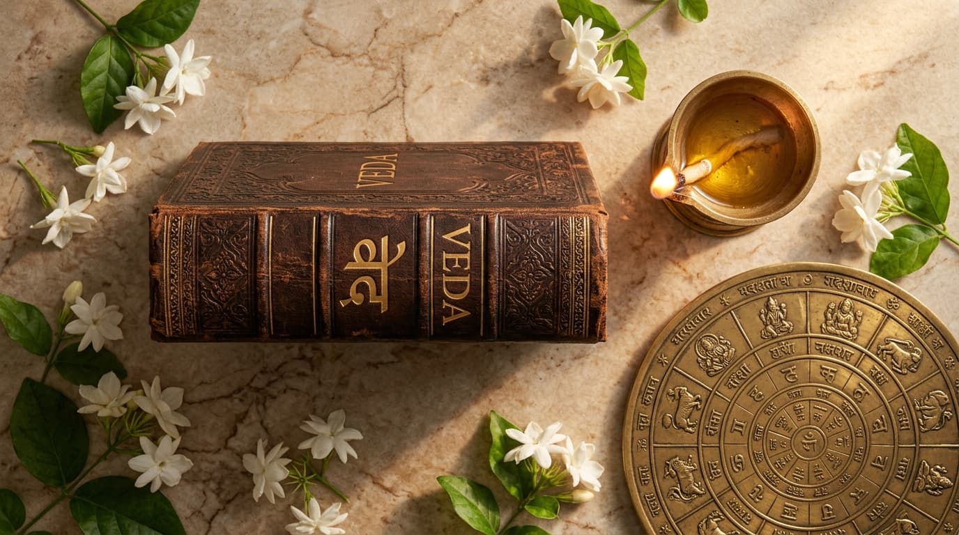 Ancient sacred Veda book, brass diya lamp, and astrological horoscope plate