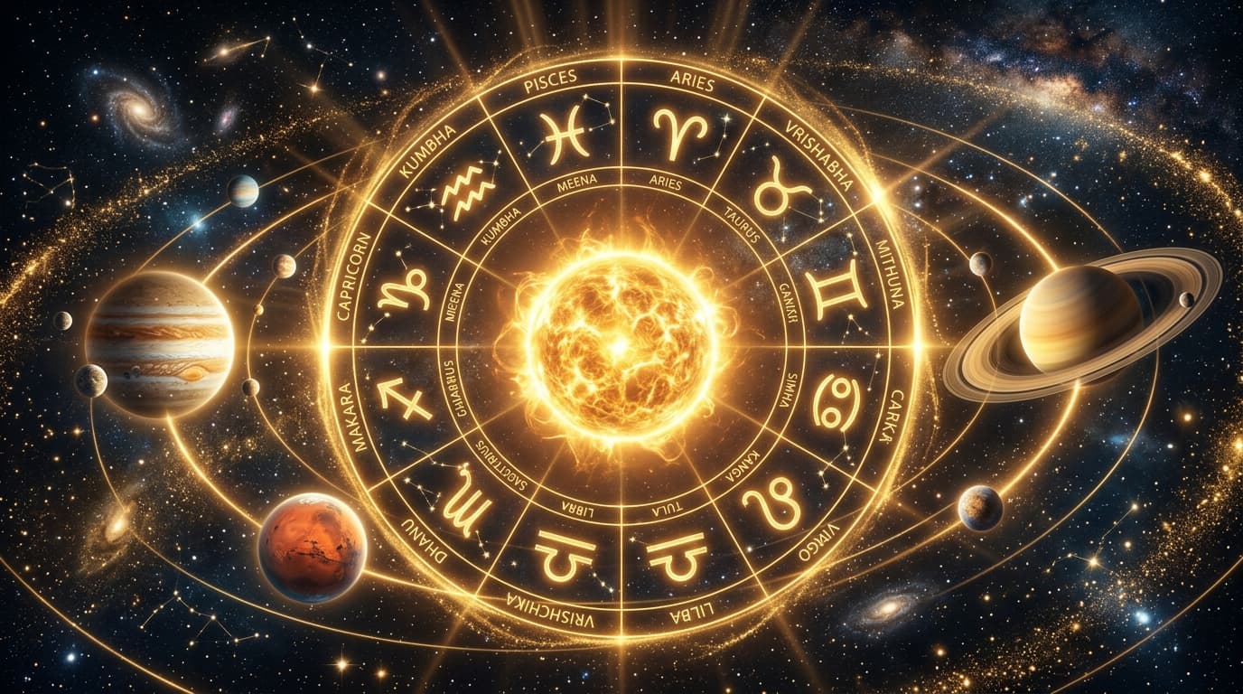 Cosmic planetary orbits and glowing golden sun
