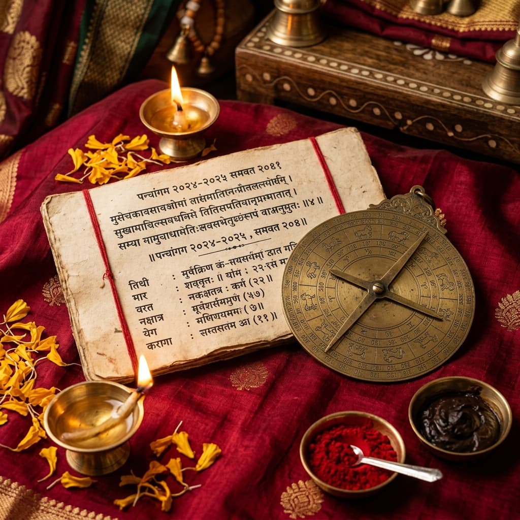 Authentic Sanskrit Hindu Panchangam parchment, brass astrological instrument, diya and flowers