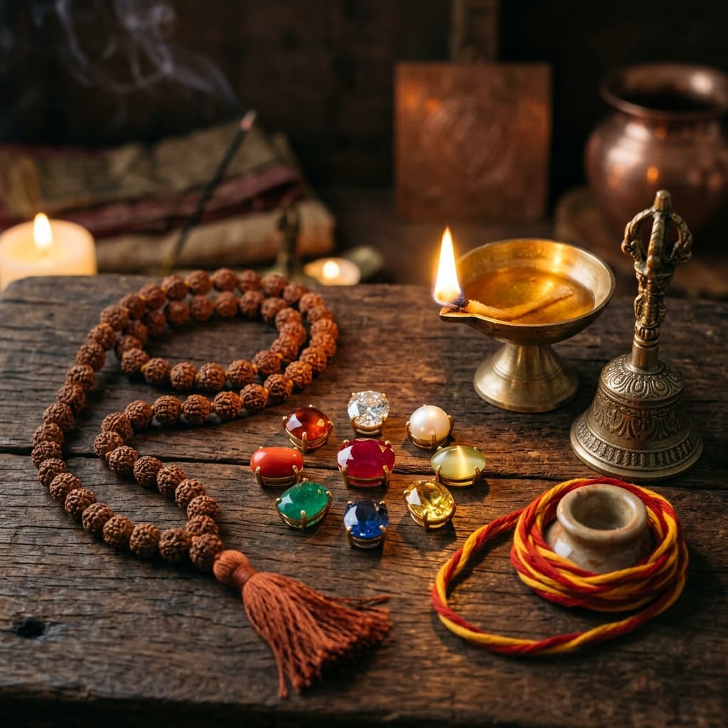 Authentic Vedic remedies: gemstones, rudraksha mala, brass diya and bell