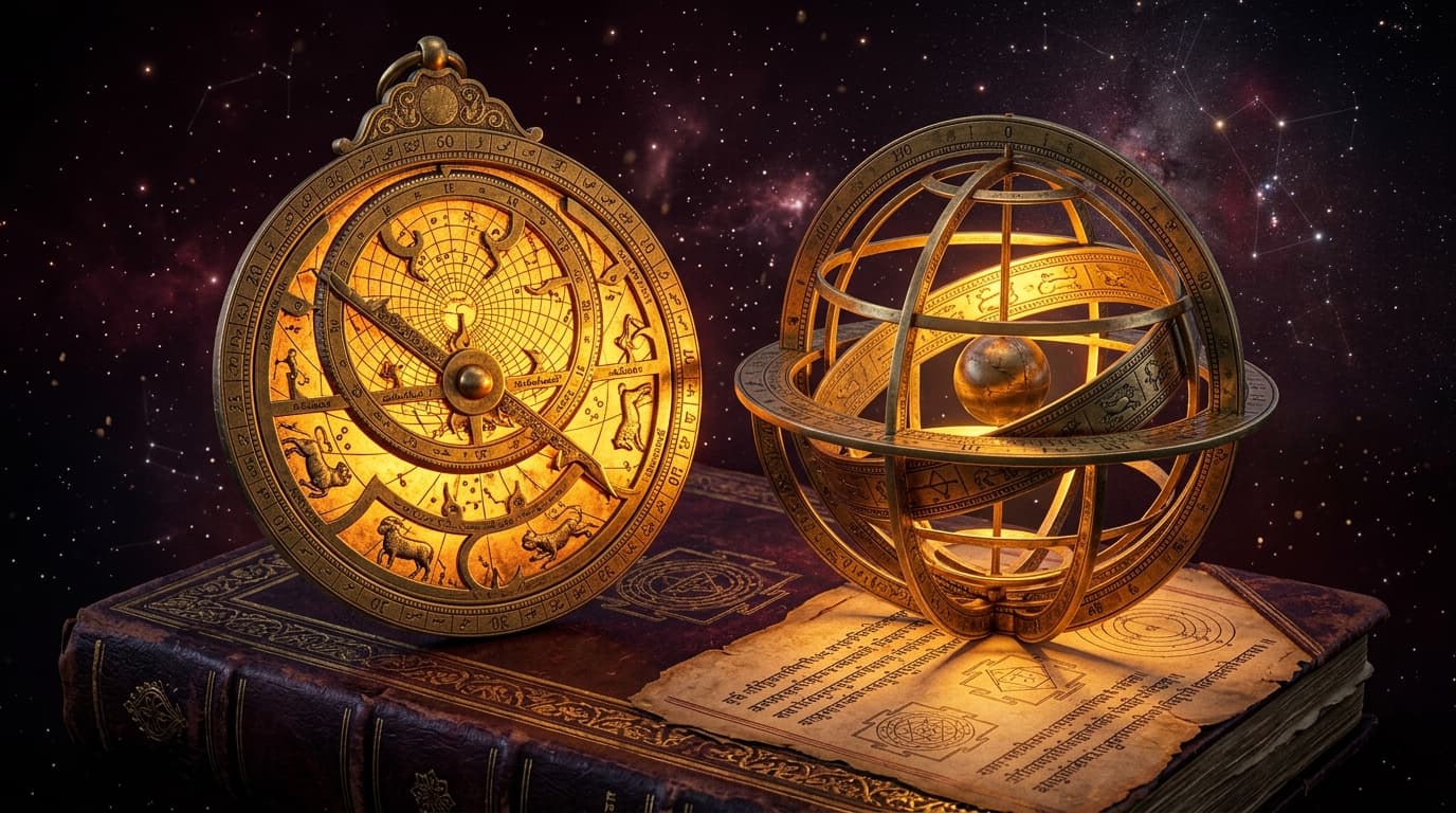 Golden celestial astrolabe and antique Vedic manuscripts